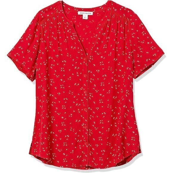 Red Floral Short-Sleeve V-Neck Woven Blouse Size‎ M RefJ001-2 - Picture 8 of 12